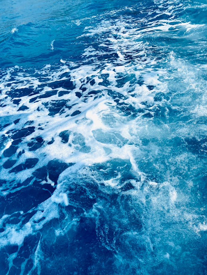 about-01 Dynamic waves flow in sparkling blue ocean water, creating a vivid, foamy texture.